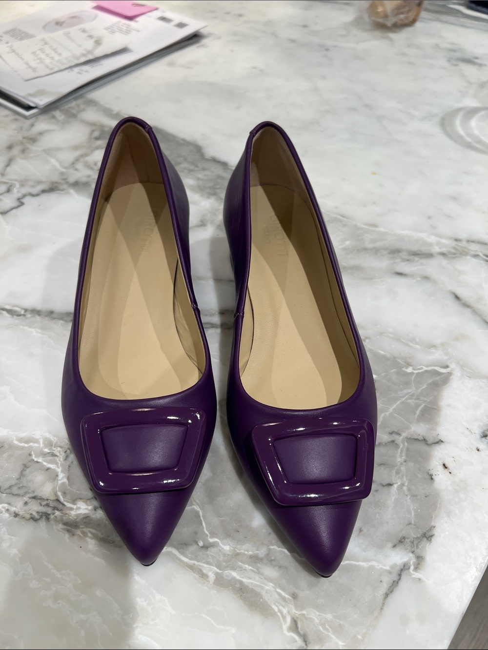 Pointed-Toe Purple Women's Heels with Decorative Square Accent